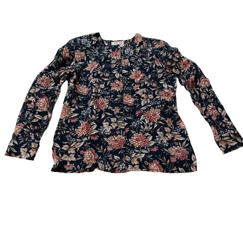 TALBOTS VINTAGE‎ 90s Floral Blouse Top SM Boho Cottage Green Pink Flowers Petals